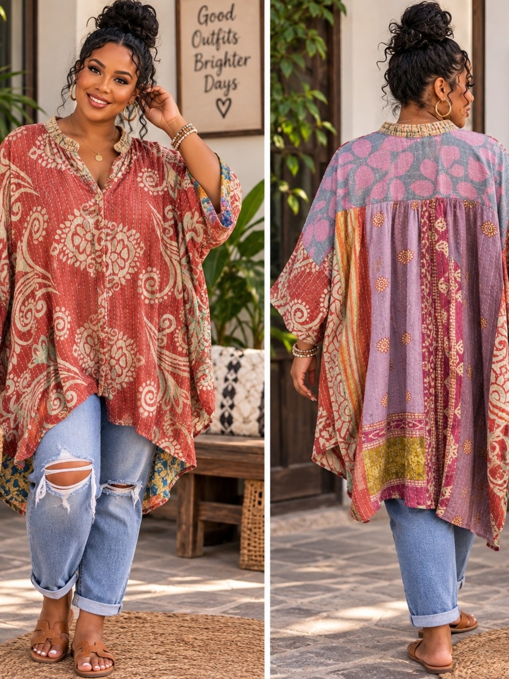 Kantha Patchwork Button-Down Tunic – Boho Oversized Layering Top - OS